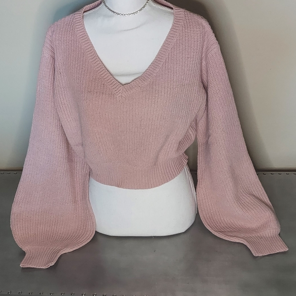Pink Vneck Crop Sweater - Picture 5 of 5